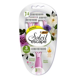Rastrillo BIC Soleil Escape Rosa Magnolia para Mujer Banda Hidratante con Aceite de Almendra Tres Navajas Móviles que se Adpatan a tu Cuerpo 3 Piezas