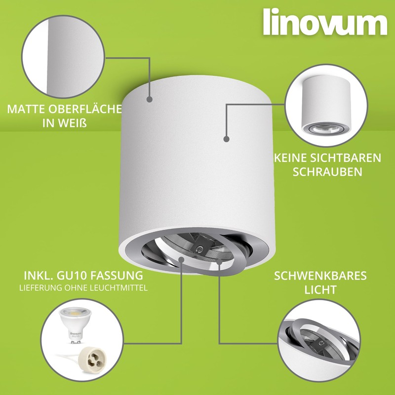 linovum Cori Pivoting Surface-Mounted Spotlight, White and Brushed Aluminium with