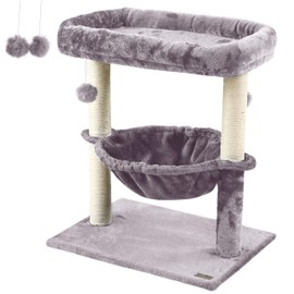 HUSPET Cat Trees - 24in Cat Tree for Indoor Cats Large Adult - Perch for Cats and Kittens - Light Gray Cat Tower with Hammock - Small Short Cat Bed with Scratching Post