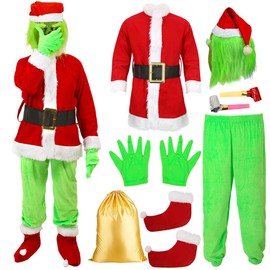 8PCS Adult Christmas Costume for Men Christmas Santa Claus Outfit with Christmas Mask Green Monster Furry Santa Suit Christmas Cosplay Costume Fancy Dress Outfit
