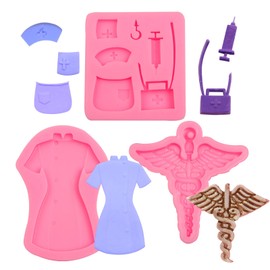 Medical Nurse Silicone Mold Set, Uniform Dress Cap Caduceus Design, 3 Pieces, Pink