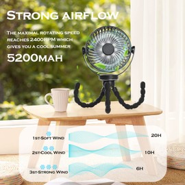 Hianjoo Baby Stroller Fan, Pram Fan with LED Light 5200mAh Octopus Desk Fan Silent Camping Fans with Hook, 360° Rotated Versatile Mini Fan for Baby Stroller Car Seat Traveling Outdoor Cycling (Black)