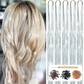 AIFIHIYI Hair Tinsel Kit with Tools 48 Inch 1200 Strands Silver Tinsel Hair Extensions Fairy Hair Tinsel Kit Heat Resistant Sparkling Glitter Tensile Hair Accessories for Girls Women (Silver)
