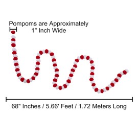 68" Pompom Garland with 1 inch Pompoms for Christmas, Holidays, Parties, Special Events, Showers, Crafts, and Decorations (2 Colors - Red, White)