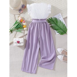 OYOANGLE Girl's 2 Piece Summer Outfits Heart Print Ruffle Tee Shirt and Bow Belted Straight Leg Pants Set Purple White 11-12Y