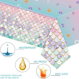 Mermaid Birthday Party Supplies, 54×108 inches Mermaid Tablecloth and Mermaid Pulling Flag, Mermaid Party Decorations for Girls Princess Under The Sea Baby Shower Themed Birthday Party Supplies