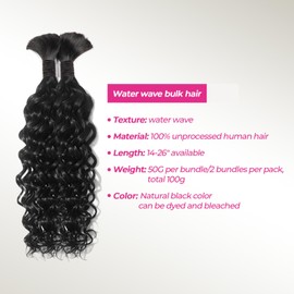 Human Braiding Hair for Boho Braids Human Hair Water Wave 16 Inch 2 Bundles 100g Wet and Wavy Human Hair for Boho Knotless Braids Bulk Boho Human Hair Extensions (Natural color, 16 inch)