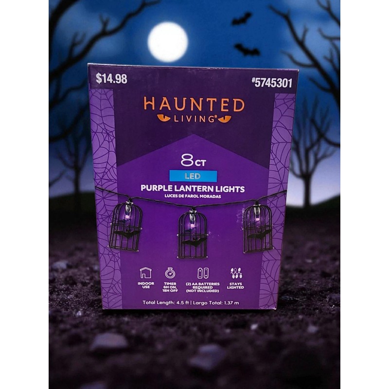 Haunted Living Purple LED Spooky Bat in Cage Lantern String