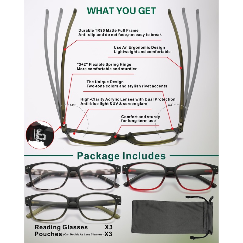 STARTONYOU Reading Glasses 3 Pack Anti-Blue Light Readers for Men