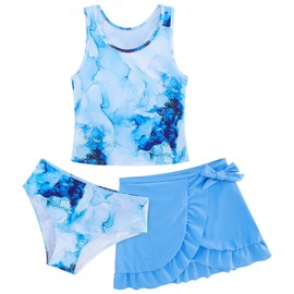 Kinberr Girls Tankini Sets Summer Racer Back Bikini Sets Blue Marble Printed Rash Guard Set with Ruffled Skirt Size 8-9