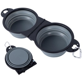 SLSON Collapsible Dog Dual Bowls Reinforced Rim 180 Degrees Flip Over Foldable Double Bowl with Lock Clips More Stable Dog Travel Bowls Pet Food Water Feeder (Cold Grey)