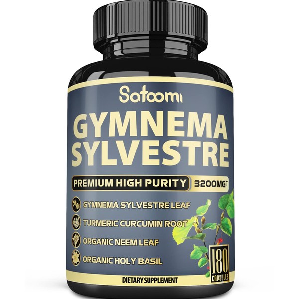 Organic Gymnema Sylvestre Extract Capsules - 6 Month Supply - 4 Herbs Equivalent to 3200mg - Blended with Turmeric Curcumin & Neem Leaf, Holy Basil - 1 Pack 180 Vegan Capsules