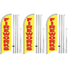 4LessCo 3 Pack FIREWORKS Windless Swooper Flag Kits 15 Feet Tall Large Pole Spike Kits Feather Banner Signs yb3-h