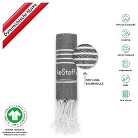 LeStoff The Traditional Hammam Towel, Beach Towel, Bath Towel, Sauna Towel, Shower Towel, Spa, Sports, Yoga, Travel, 100% Organic Cotton, Sustainable, Natural, Soft, Pre-Washed 50 x 100 cm, Anthracite
