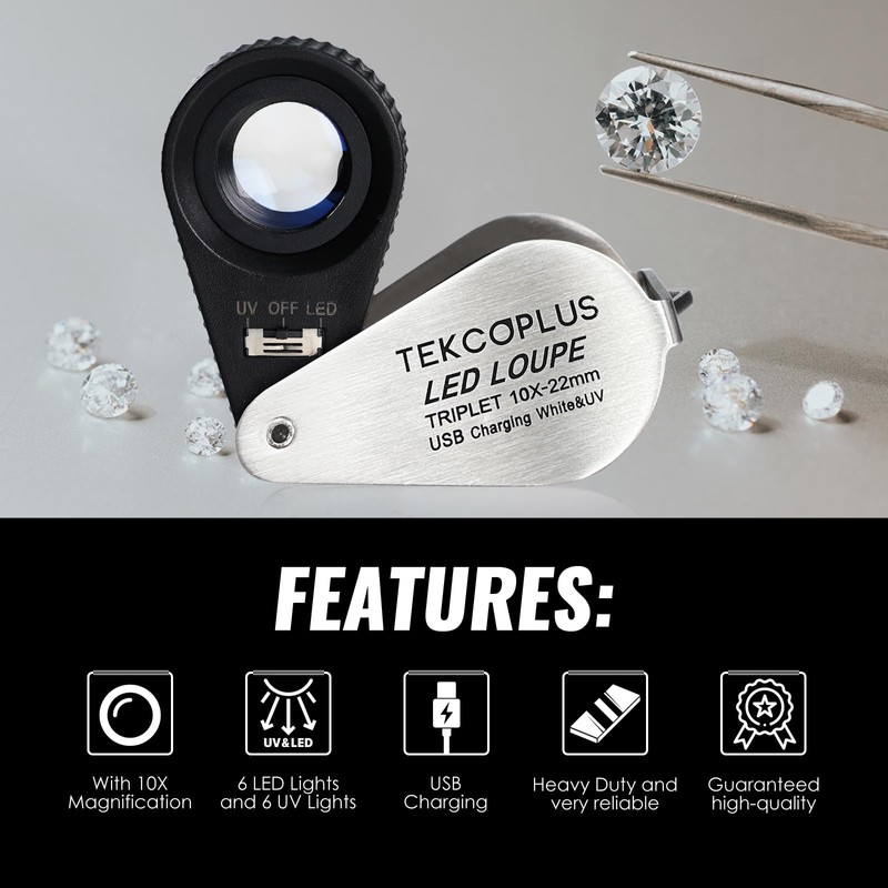 10x Jewelers Loupe Magnifier with UV & LED Lights, 22mm