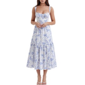 ABEHIK Women Bustier Sundress Floral Corset Midi Dress Flowy Pleated Cocktail Dresses Spaghetti Strap Backless Casual Low Cut Summer Wedding Guest Party Dress with Pockets and Chest Pads Blue L
