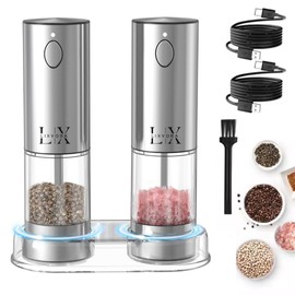 LIXVORA Electric Salt and Pepper Grinder Set – Rechargeable Stainless Steel Mills with Adjustable Coarseness, One-Handed Operation & Storage Base.