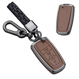 TECART for Ford Leather Key Fob Cover Fit For F150 F350 Fusion Mustang Explorer Bronco Edge 4 Button Metal Smart Key Brown