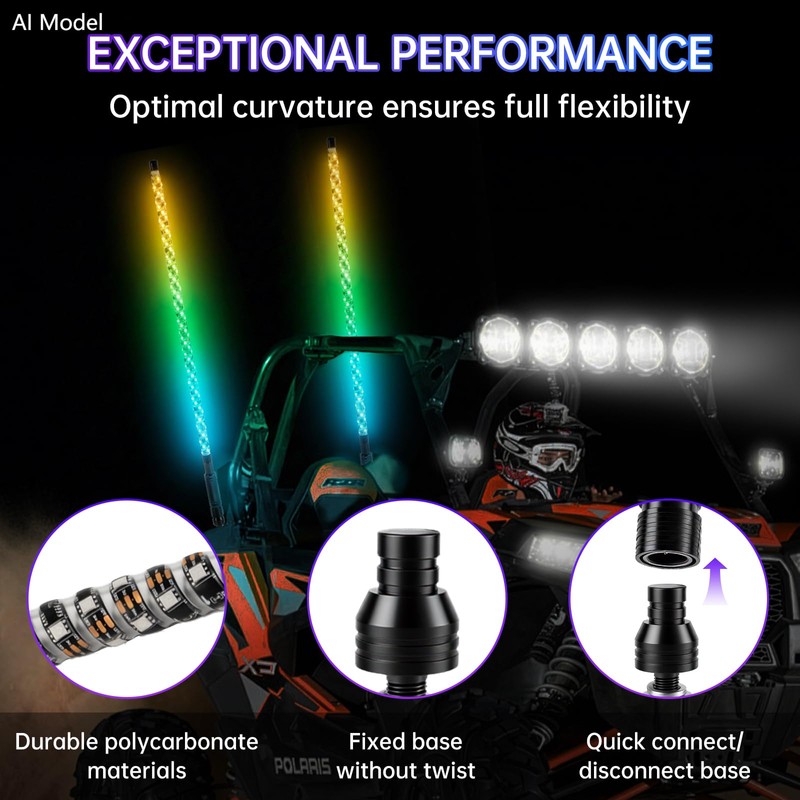 2pcs 4FT UTV Whip Lights for Side by Side, Spiral