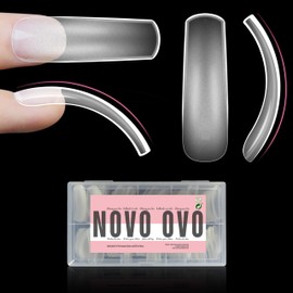 NOVO OVO Curved Nail Tips Press on Full Cover, Tapered Square Gel x Extra Thick Long XL XXL Acrylic Fake Nails Extension kit, Clear Pre-etched Soft French False Nail 12 Sizes 300pc