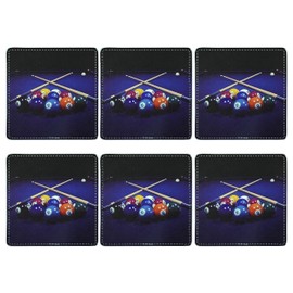 Billiards Coasters Square Leather Drinks Coaster Set with Holder for Coffee Table Bar Home Decor 4 Inches Set of 6