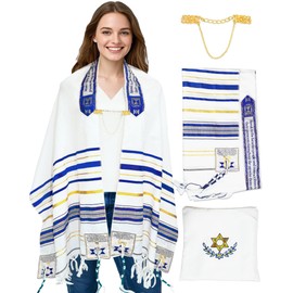 Zivosely Tallit Prayer Shawl Set for Men and Women, 72” x 22” Royal Blue Tallit with Golden Clip Chain, Tzitzits and Storage Bag, Complete Set Jewish Gift Idea for Any Occasions