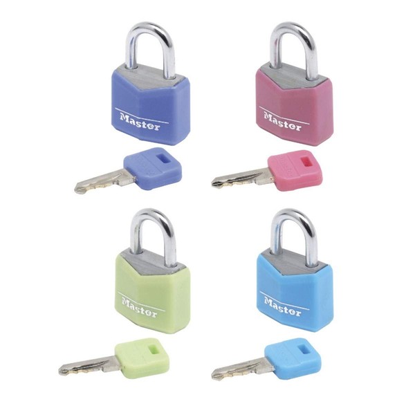 MASTER LOCK Small Padlocks [Key] [Keyed Alike] [Assorted Colours] [Family Pack of 4] 9120EURQCOLNOP - Best Used for Backpacks, Luggage, Computer Bags, Locker, Gym and More
