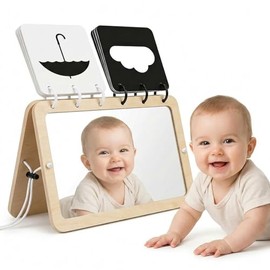 Woodtoe 2-in-1 Tummy Time Mirror, 0-180°Adjustable Angle Montessori Baby Toy, Double-Sided Design with High Contrast Black & White Cards, Shatterproof