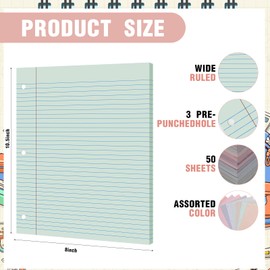 PerKoop 12 Pack 600 Sheets Lined Paper Bulk Wide Ruled 8 x 10.5 In, Loose Leaf Notebook Paper 3 Hole Punched Filler for Back School Classroom Supplies(Fantasy Color)