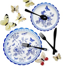 175Pcs BlueFloral Party Supplies BlueFloral Scalloped Paper Plates and Blue White Floral Napkins Cup Knive Fork Spoon for Vintage Floral Wedding Bridal Shower Party Supplies Decor Serve 25