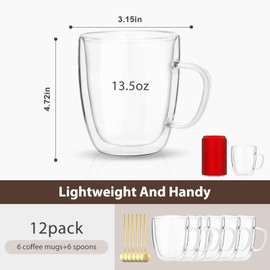 VENVENWEAVS Glass Coffee Mugs Set Of 6, 13.5 OZ Insulated Double Wall Coffee Cups, Perfect for Cappuccino, Latte, Americano, Tea Bag, Beverage