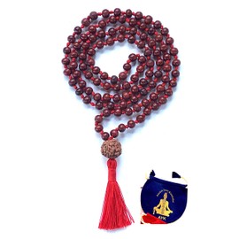 Rosewood mala beads necklace 108 buddhist prayer beads Red Sandalwood japa mala 10 Styles - Energized - w/ mala Pouch (8mm 108+1 Beads Knotted mala w/ 14mm 5 Mukhi (5 Face) Rudraksh Guru Bead)