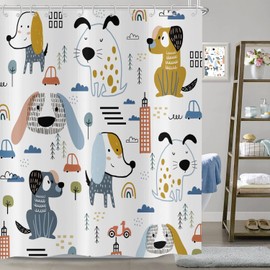 Hnmdmyi Funny Shower Curtain, Cartoon Dog Shower Curtains, Kids, Boys, Cute Animals, White Bath Curtain, Waterproof, Polyester Fabric, Washable Bath Curtain for Bathroom with Hooks, 180 x 200 cm