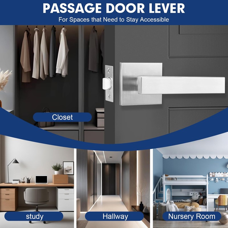 Passage Door Levers, 5 Pack Satin Nickel Heavy-Duty Door Handles,