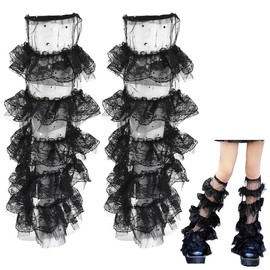 CABODYALS 1 Pair 488mm Long Black Lace Leg Warmers Floral Edging Trimming Cute Legs Sleeves Sheer Tulle Layered Ruffled Kawaii Polyester Socks for Women Lolita Jk Party Accessories Spring Summer