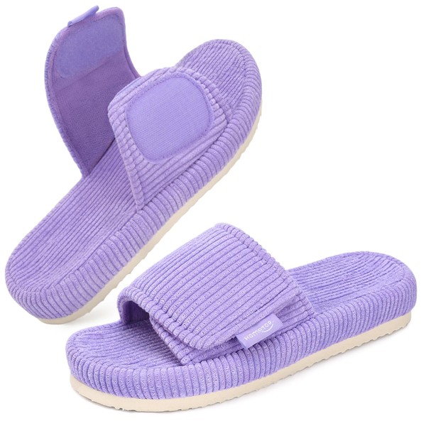 HomeTop Women's Corduroy Open Toe Slippers with Adjustable Closure Memory
