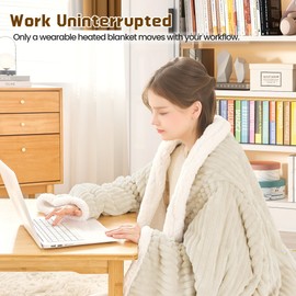 Heated Wearable Electric Blanket with Sleeves & Foot Pocket, Stripe Fleece Sherpa, 6 Heat Levels 12H Timer Setting, Over-Heat Protection, Machine Washable, 52x72 Inches Gray for Office/Home/Gift