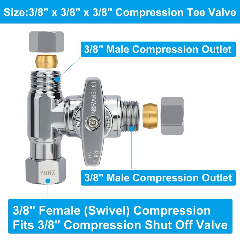 Brass Angle Stop Add-A-Tee Valve,3/8 x 3/8" x 3/8 Compression