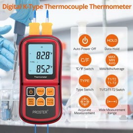 Proster Digital Thermometer Dual Channel Thermocouple Thermometer with Two K- type Thermocouples Temperature Meter Gauge with LED Backlight for K/J/T/E/R/S/N Thermocouple