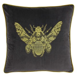 Riva Paoletti Cerana Cushion Cover - Charcoal Grey - Super Soft Velvet Fabric - Embroidered Gold Bee Design - Gold Piped Edges - 100% Polyester - 50 x 50cm (20" x 20" inches)