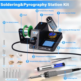 60 W Soldering Station, Soldering Iron Set, 90 °C ~ 480 °C, Adjustable Temperature, Soldering Iron Station with 6 Interchangeable Tips and 6 Pyrography for School, Laboratory, Hobby Soldering