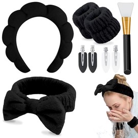 9 Piezas Set de Diadema y Pulsera de Esponja para spa,Maquillaje,Horquilla,Diadema para Lavado Facial,Cuidado de la Piel para Lavado Facial y Maquillaje,Negro