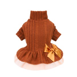 Fitwarm Knitted Dog Tulle Sweater Dress, Dog Winter Clothes for Small Dogs Girl, Cat Apparel, Orange, Medium