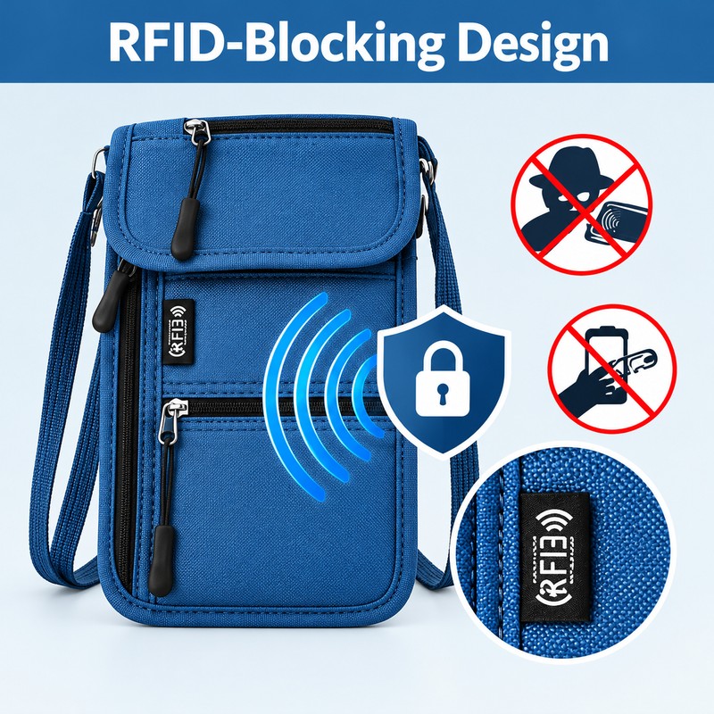 RFID-Blocking Neck Wallet for Travel – Lightweight Nylon Passport Pouch