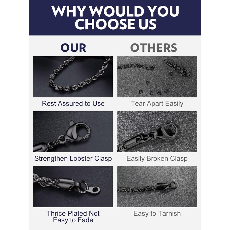 Mens 6MM Rope Chain Necklace 22 Inch Solid Stainless Steel