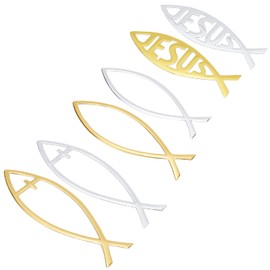SUPERFINDINGS 6pcs 6 Styles 3 Sizes Gold Sliver PVC Jesus Fish Decal Sticker 3D Car Decal Emblem Sticker Religious God Jesus Christian Fish Cross Symbol for DIY Car Decorations