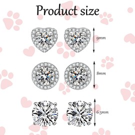 3 Pairs Silver Studs Earrings for Women Heart Earrings Cubic Ear Ringsfor Women, Silver Earrings for Women Studs, Stud Earrings for Girls Small Stud Earrings for Womens Brides Bridesmaids