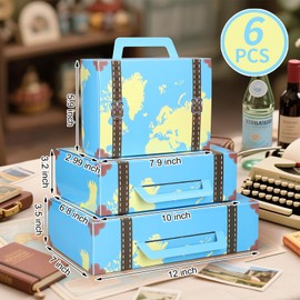 Weekgrat 6 Pcs Large Vintage Travel Suitcase Box Travel Party Decorations Paperboard Suitcases Gift Box Decorative Set of 3 Small Stackable Storage Chests Decor for Themed Party Favors (Map,Blue)