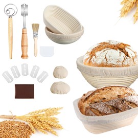 POGEPE Fermentadora de Pan, Cestas Redondas de Prueba Hecho a Mano, Cesto Ovaladas para Masa, Canasta para Pan con Batidoras, Cuchillas, Raspadores y Liners, para Aumentar la Masa y Fermentar Hornear