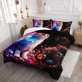 XYNHML Cartoon Kawaii Cat Comforter Set Twin Size 3D Animals Flower Toddler Bedding Set Cat Lovers Animal Bubble Design Quilt Bed Set for Girls Kids Teens